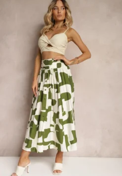 Zielono-Beżowa Rozkloszowana Spódnica High Waist z Gumką w Talii i Guzikami Tinasshi