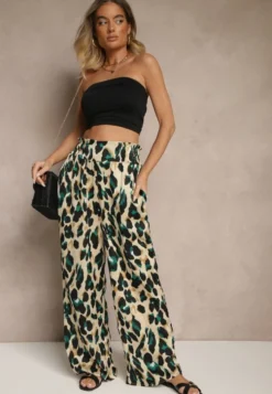 Zielono-Beżowe Panterkowe Spodnie o Szerokim Kroju Paper Bag High Waist Saliandra