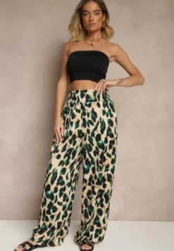 Zielono-Beżowe Panterkowe Spodnie o Szerokim Kroju Paper Bag High Waist Saliandra