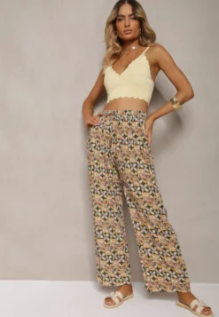 Zielono-Beżowe Wiskozowe Spodnie High Waist Szerokie z Gumką w Pasie i Kieszeniami Aizha