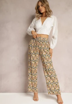 Zielono-Beżowe Wiskozowe Spodnie High Waist Szerokie z Gumką w Pasie i Kieszeniami Aizha