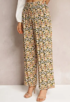 Zielono-Beżowe Wiskozowe Spodnie High Waist Szerokie z Gumką w Pasie i Kieszeniami Aizha