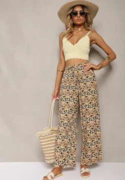 Zielono-Beżowe Wiskozowe Spodnie High Waist Szerokie z Gumką w Pasie i Kieszeniami Aizha