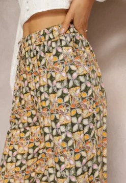 Zielono-Beżowe Wiskozowe Spodnie High Waist Szerokie z Gumką w Pasie i Kieszeniami Aizha