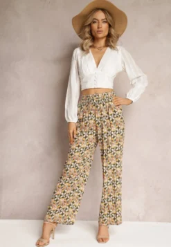 Zielono-Beżowe Wiskozowe Spodnie High Waist Szerokie z Gumką w Pasie i Kieszeniami Aizha