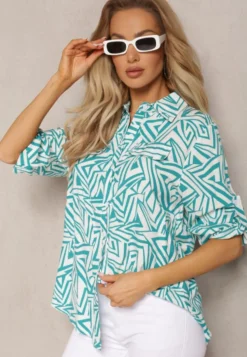 Zielono-Biała Koszula z Wiskozy w Geometryczny Print Jacelyn