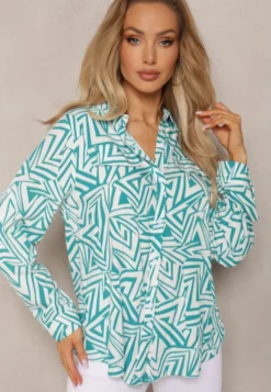 Zielono-Biała Koszula z Wiskozy w Geometryczny Print Jacelyn