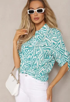 Zielono-Biała Koszula z Wiskozy w Geometryczny Print Jacelyn