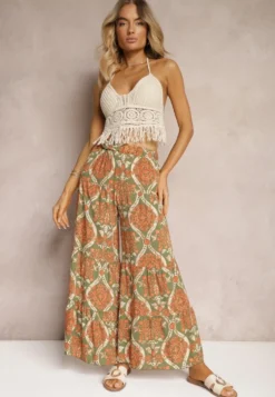 Zielono-Pomarańczowe Spodnie z Wiskozy z Szerokimi Nogawkami High Waist Wykończone Gumką w Talii Risettasmi