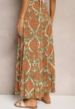 Zielono-Pomarańczowe Spodnie z Wiskozy z Szerokimi Nogawkami High Waist Wykończone Gumką w Talii Risettasmi