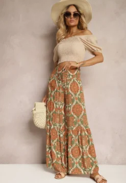Zielono-Pomarańczowe Spodnie Szerokie z Wiskozy w Ornamentalny Wzór High Waist Cramelia
