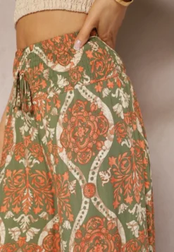 Zielono-Pomarańczowe Spodnie Szerokie z Wiskozy w Ornamentalny Wzór High Waist Cramelia