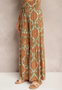 Zielono-Pomarańczowe Spodnie Szerokie z Wiskozy w Ornamentalny Wzór High Waist Cramelia