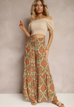 Zielono-Pomarańczowe Spodnie Szerokie z Wiskozy w Ornamentalny Wzór High Waist Cramelia