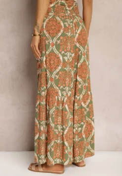 Zielono-Pomarańczowe Spodnie Szerokie z Wiskozy w Ornamentalny Wzór High Waist Cramelia