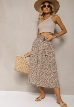 Zielono-Różowe Plisowane Spodnie Szwedy High Waist z Materiałowym Paskiem i Gumką w Talii Isefia