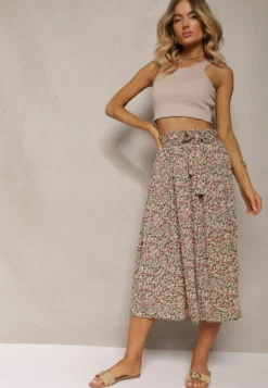 Zielono-Różowe Plisowane Spodnie Szwedy High Waist z Materiałowym Paskiem i Gumką w Talii Isefia