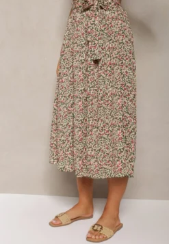 Zielono-Różowe Plisowane Spodnie Szwedy High Waist z Materiałowym Paskiem i Gumką w Talii Isefia