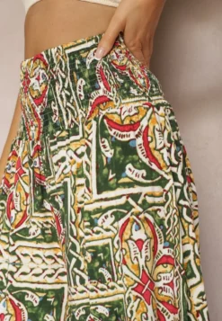 Zielono-Różowe Spodnie Kuloty z Bawełny High Waist z Gumką w Pasie Palovia