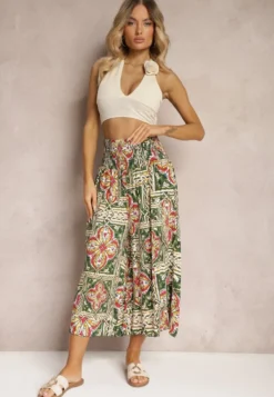 Zielono-Różowe Spodnie Kuloty z Bawełny High Waist z Gumką w Pasie Palovia