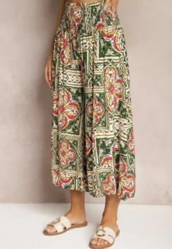 Zielono-Różowe Spodnie Kuloty z Bawełny High Waist z Gumką w Pasie Palovia