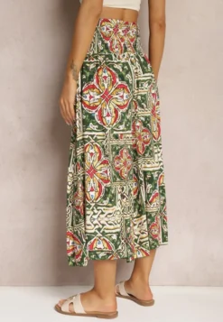 Zielono-Różowe Spodnie Kuloty z Bawełny High Waist z Gumką w Pasie Palovia