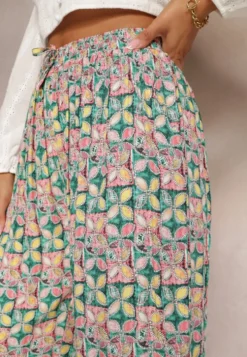 Zielono-Różowe Wiskozowe Spodnie High Waist Szerokie z Gumką w Pasie i Kieszeniami Aizha