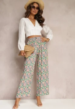 Zielono-Różowe Wiskozowe Spodnie High Waist Szerokie z Gumką w Pasie i Kieszeniami Aizha