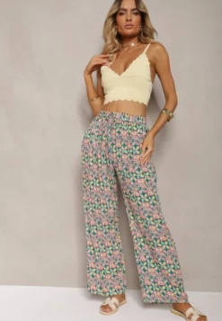 Zielono-Różowe Wiskozowe Spodnie High Waist Szerokie z Gumką w Pasie i Kieszeniami Aizha