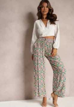 Zielono-Różowe Wiskozowe Spodnie High Waist Szerokie z Gumką w Pasie i Kieszeniami Aizha