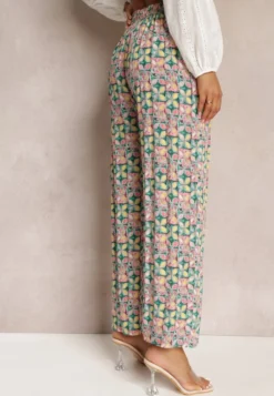Zielono-Różowe Wiskozowe Spodnie High Waist Szerokie z Gumką w Pasie i Kieszeniami Aizha