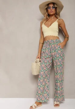 Zielono-Różowe Wiskozowe Spodnie High Waist Szerokie z Gumką w Pasie i Kieszeniami Aizha