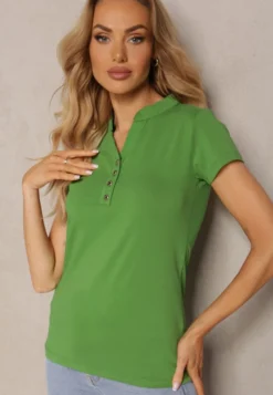 Zielony Bawełniany T-shirt z Guzikami przy Dekolcie Wialina