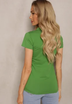 Zielony Bawełniany T-shirt z Guzikami przy Dekolcie Wialina