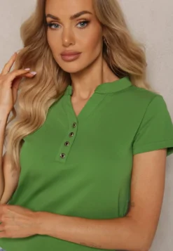 Zielony Bawełniany T-shirt z Guzikami przy Dekolcie Wialina