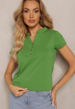 Zielony Bawełniany T-shirt z Guzikami przy Dekolcie Wialina