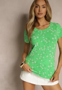 Zielony Bawełniany T-shirt z Kwiatowym Wzorem Savioraie
