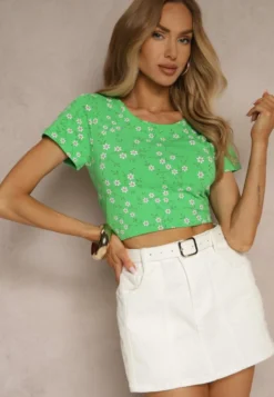 Zielony Bawełniany T-shirt z Kwiatowym Wzorem Savioraie