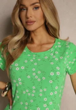 Zielony Bawełniany T-shirt z Kwiatowym Wzorem Savioraie
