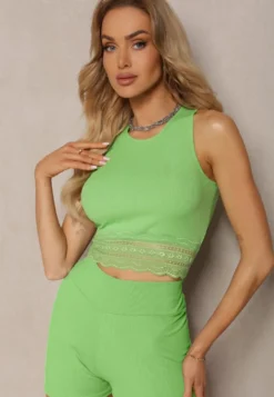 Zielony Casualowy Top Wykończony Koronką Lomada