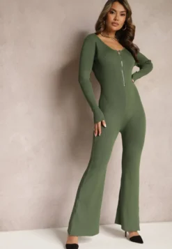 Zielony Kombinezon Bodycon z Prążkowanej Wiskozy ze Spodniami Typu Dzwony i Suwakiem Lavirna