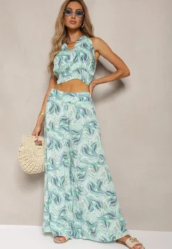 Zielony Komplet Boho z Bawełny Krótki Top na Ramiączkach z Gumką Szerokie Spodnie Rasida
