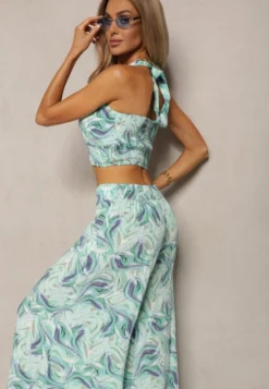 Zielony Komplet Boho z Bawełny Krótki Top na Ramiączkach z Gumką Szerokie Spodnie Rasida