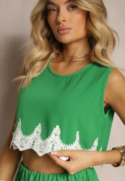 Zielony Komplet Ozdobiony Koronką Top na Ramiączkach Szorty Luźne High Waist Filoa