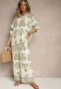Zielony Komplet z Wiskozą Szerokie Spodnie i Bluzka w Stylu Boho Rinadora