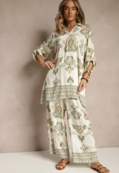 Zielony Komplet z Wiskozą Szerokie Spodnie i Bluzka w Stylu Boho Rinadora