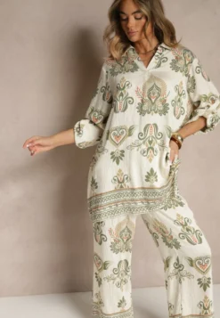Zielony Komplet z Wiskozą Szerokie Spodnie i Bluzka w Stylu Boho Rinadora