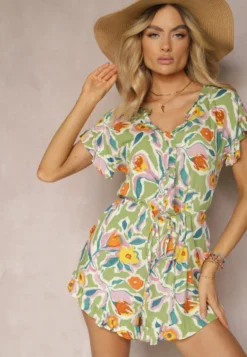 Zielony Krótki Kombinezon z Wiskozy z Ozdobnymi Falbankami w stylu Boho Tatella