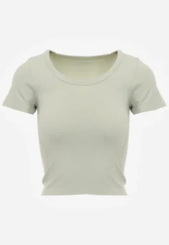 Zielony Krótki T-shirt Basic z Okrągłym Dekoltem Gresalor