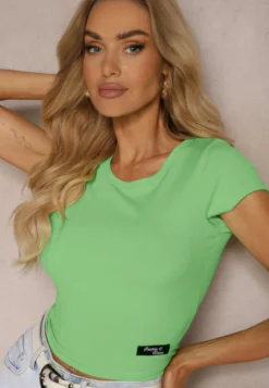 Zielony Prążkowany T-shirt Koszulka z Krótkim Rękawem Opolia